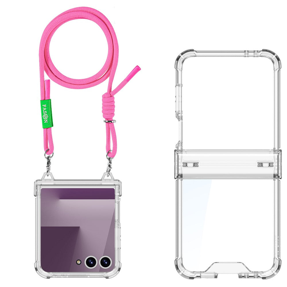 GKK For Samsung Galaxy Z Flip7 5G Clear Case Airbag Hinge Protector PC Phone Cover with Strap - Pink