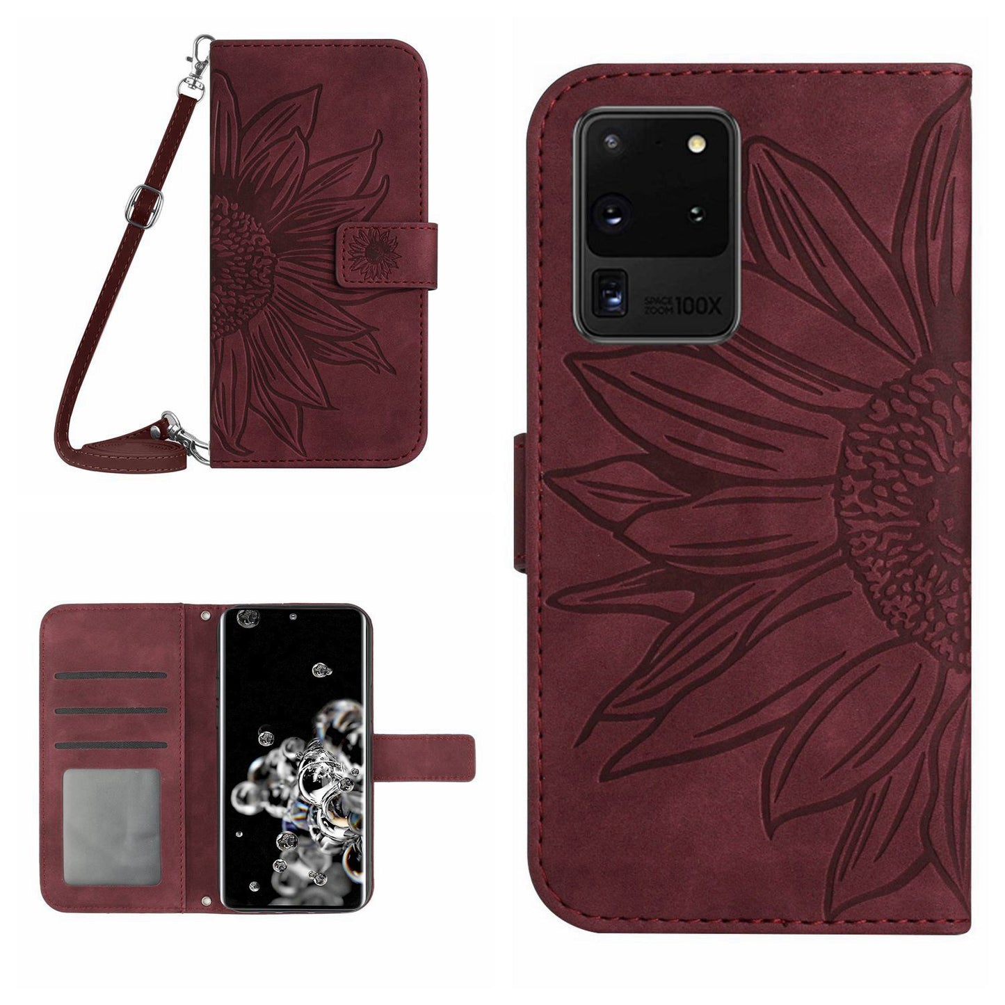 For Samsung Galaxy S20 Ultra HT04 Stand Wallet Phone Case with Shoulder Strap Skin-touch Imprinted Sunflower PU Leather Phone Cover - Wine Red