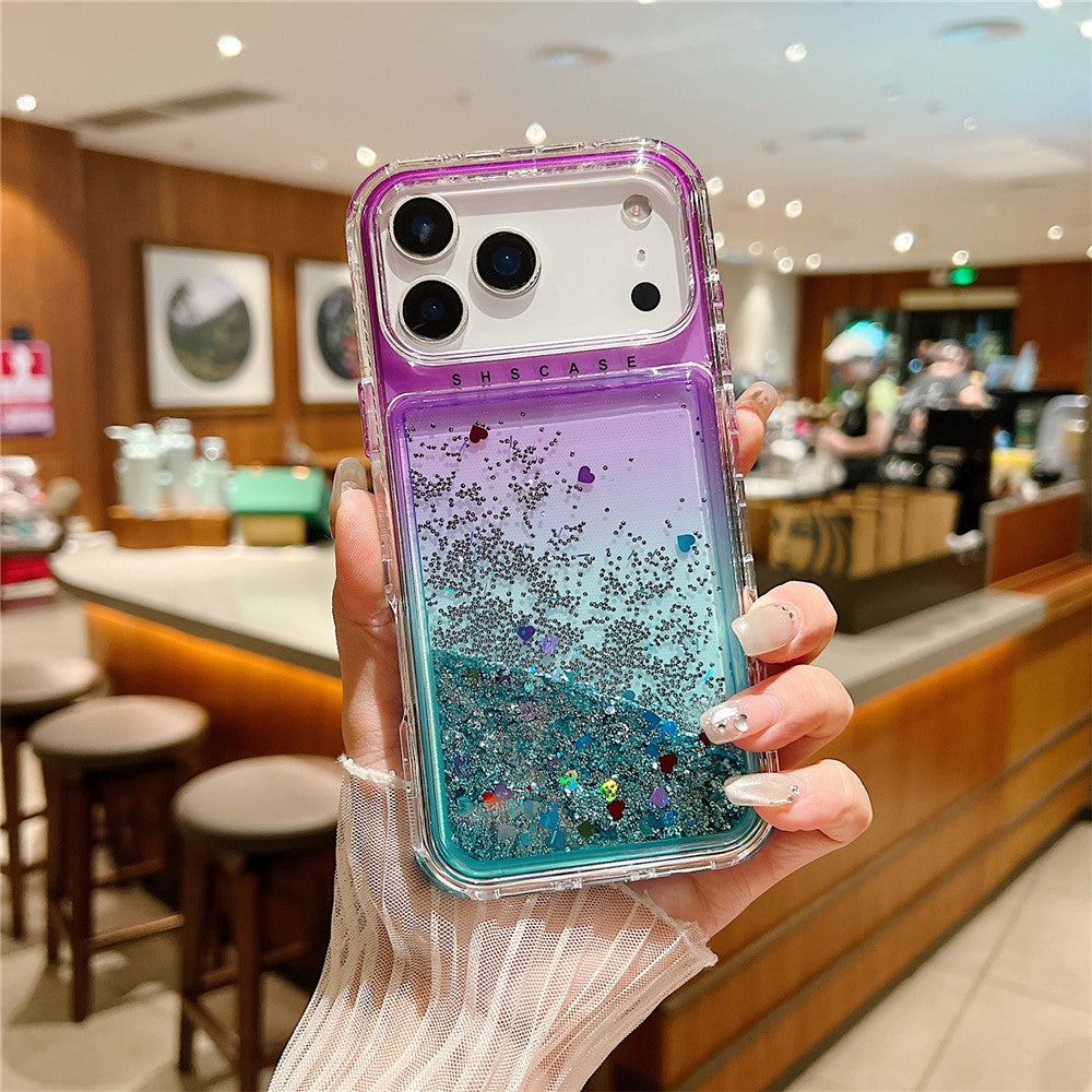 For iPhone 17 Pro Max Case Gradient Quicksand Liquid Flowing Sparkle TPU + PC Back Cover - Purple / Baby Blue