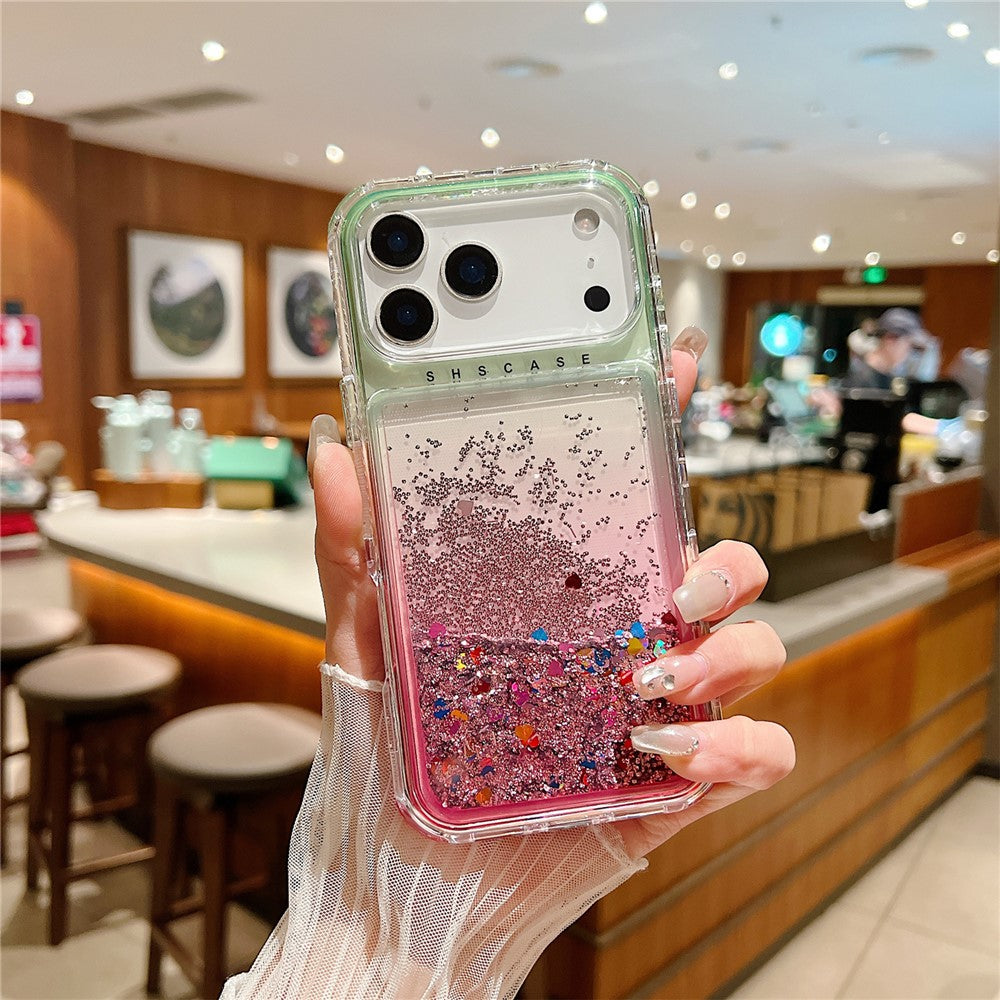 For iPhone 17 Pro Max Case Gradient Quicksand Liquid Flowing Sparkle TPU + PC Back Cover - Green / Pink