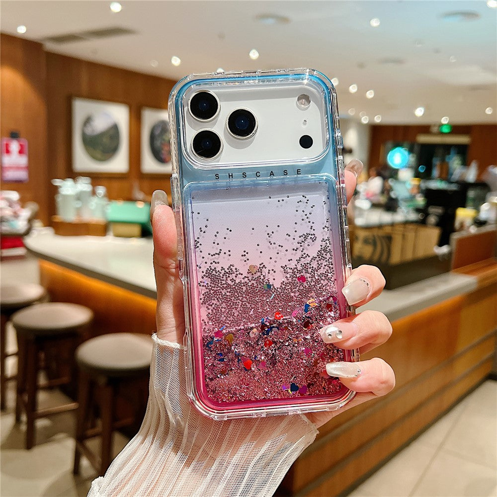 For iPhone 17 Pro Max Case Gradient Quicksand Liquid Flowing Sparkle TPU + PC Back Cover - Blue / Pink