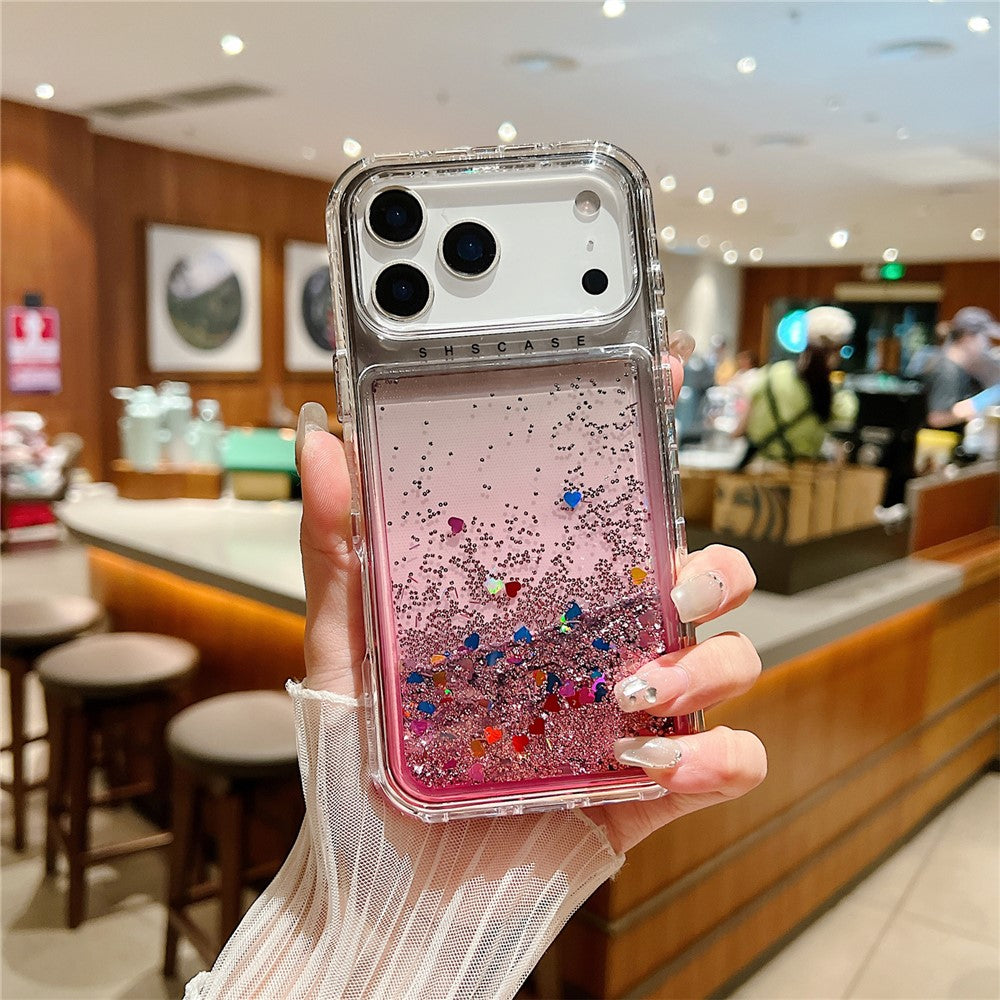 For iPhone 17 Pro Max Case Gradient Quicksand Liquid Flowing Sparkle TPU + PC Back Cover - Black / Pink