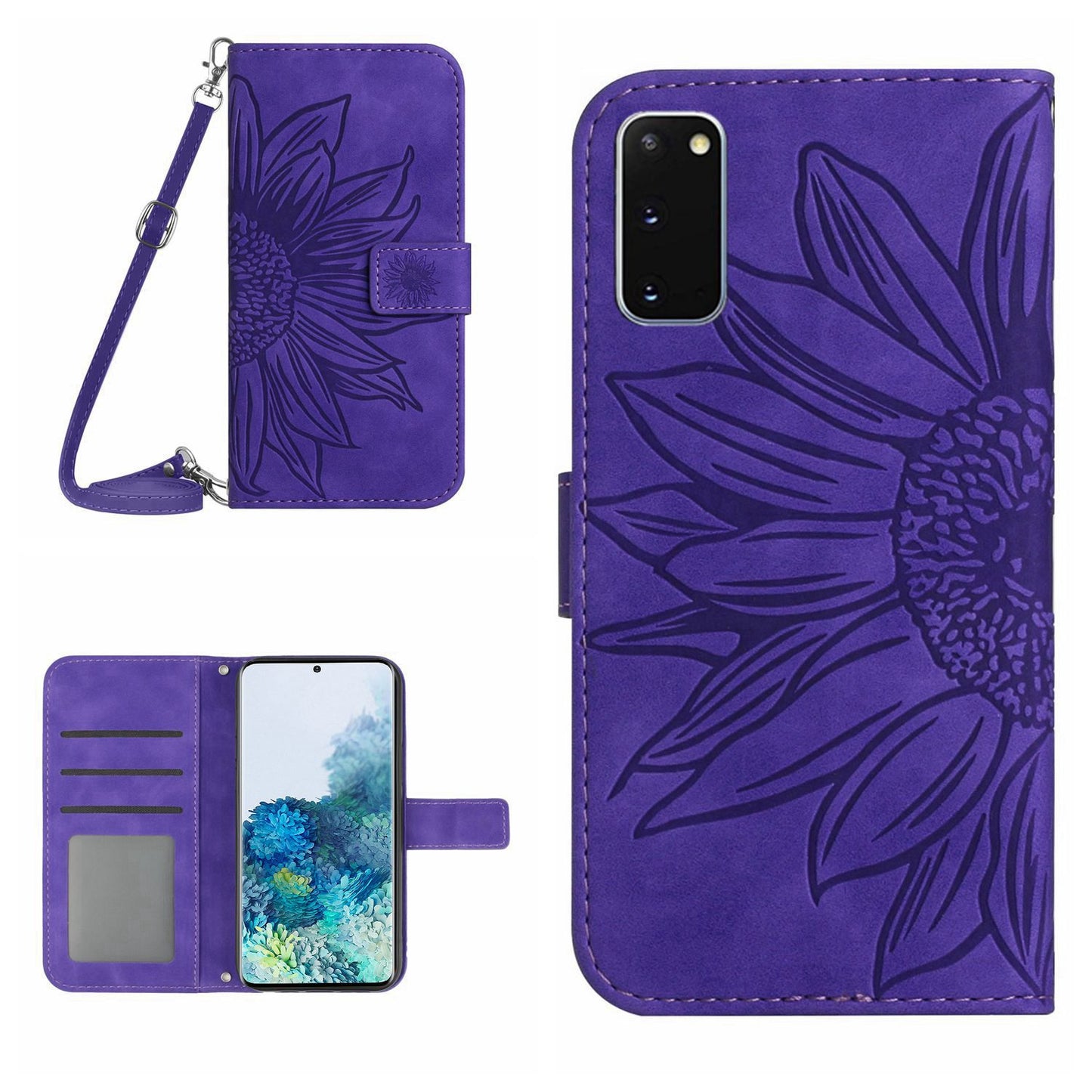 Protective Phone Case For Samsung Galaxy S20 5G / 4G, HT04 Skin-touch Imprinted Sunflower Phone Cover PU Leather Wallet Stand with Shoulder Strap - Dark Purple
