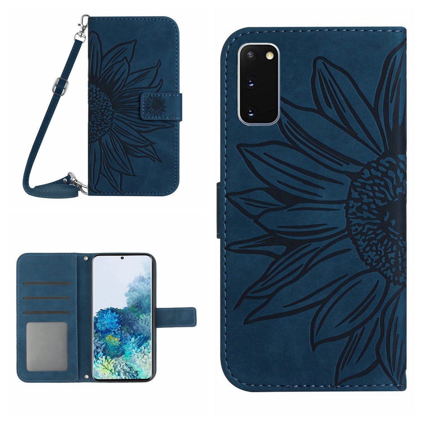 Protective Phone Case For Samsung Galaxy S20 5G / 4G, HT04 Skin-touch Imprinted Sunflower Phone Cover PU Leather Wallet Stand with Shoulder Strap - Dark Blue