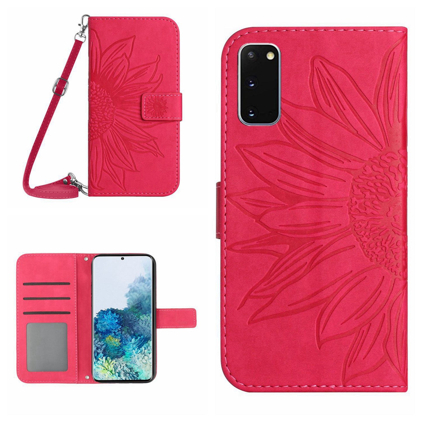 Protective Phone Case For Samsung Galaxy S20 5G / 4G, HT04 Skin-touch Imprinted Sunflower Phone Cover PU Leather Wallet Stand with Shoulder Strap - Rose