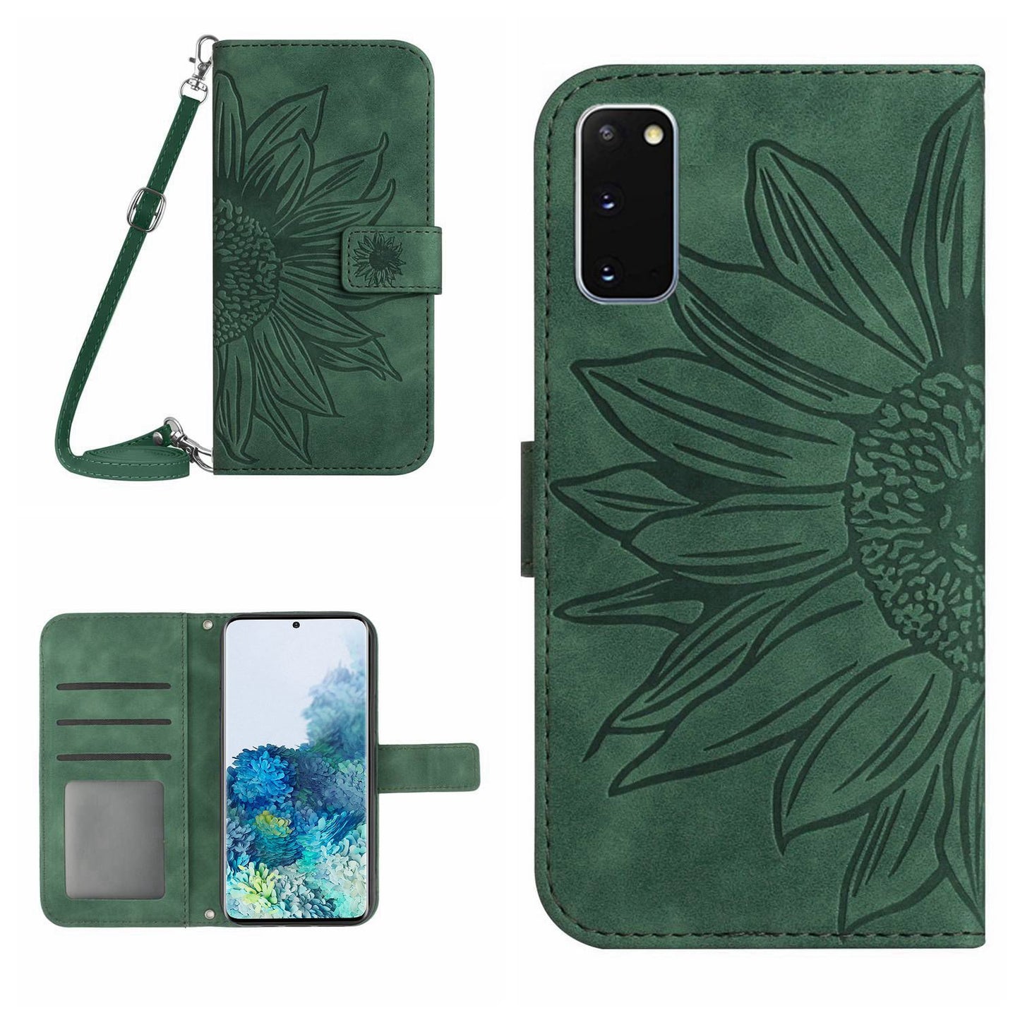 Protective Phone Case For Samsung Galaxy S20 5G / 4G, HT04 Skin-touch Imprinted Sunflower Phone Cover PU Leather Wallet Stand with Shoulder Strap - Dark Green