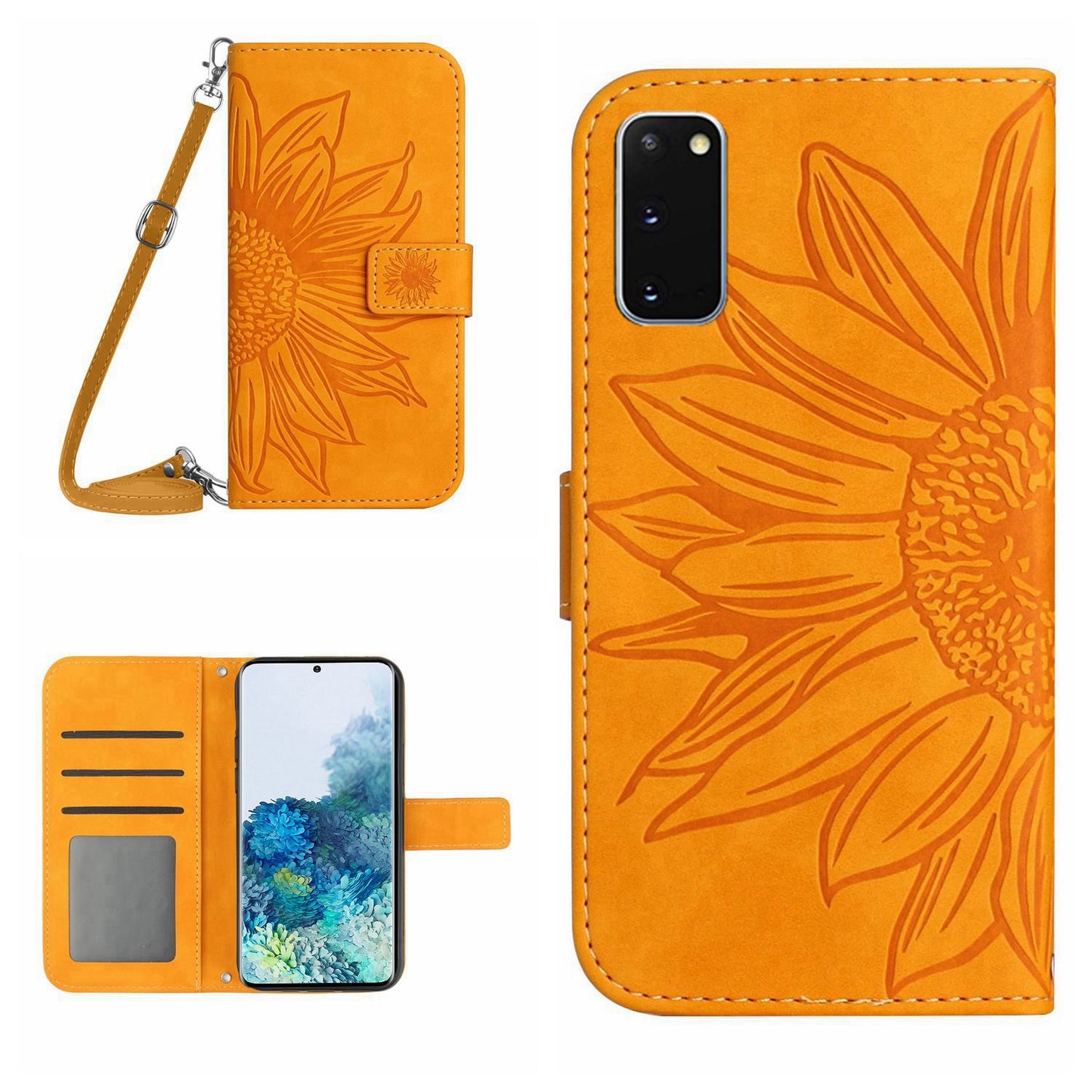 Protective Phone Case For Samsung Galaxy S20 5G / 4G, HT04 Skin-touch Imprinted Sunflower Phone Cover PU Leather Wallet Stand with Shoulder Strap - Yellow