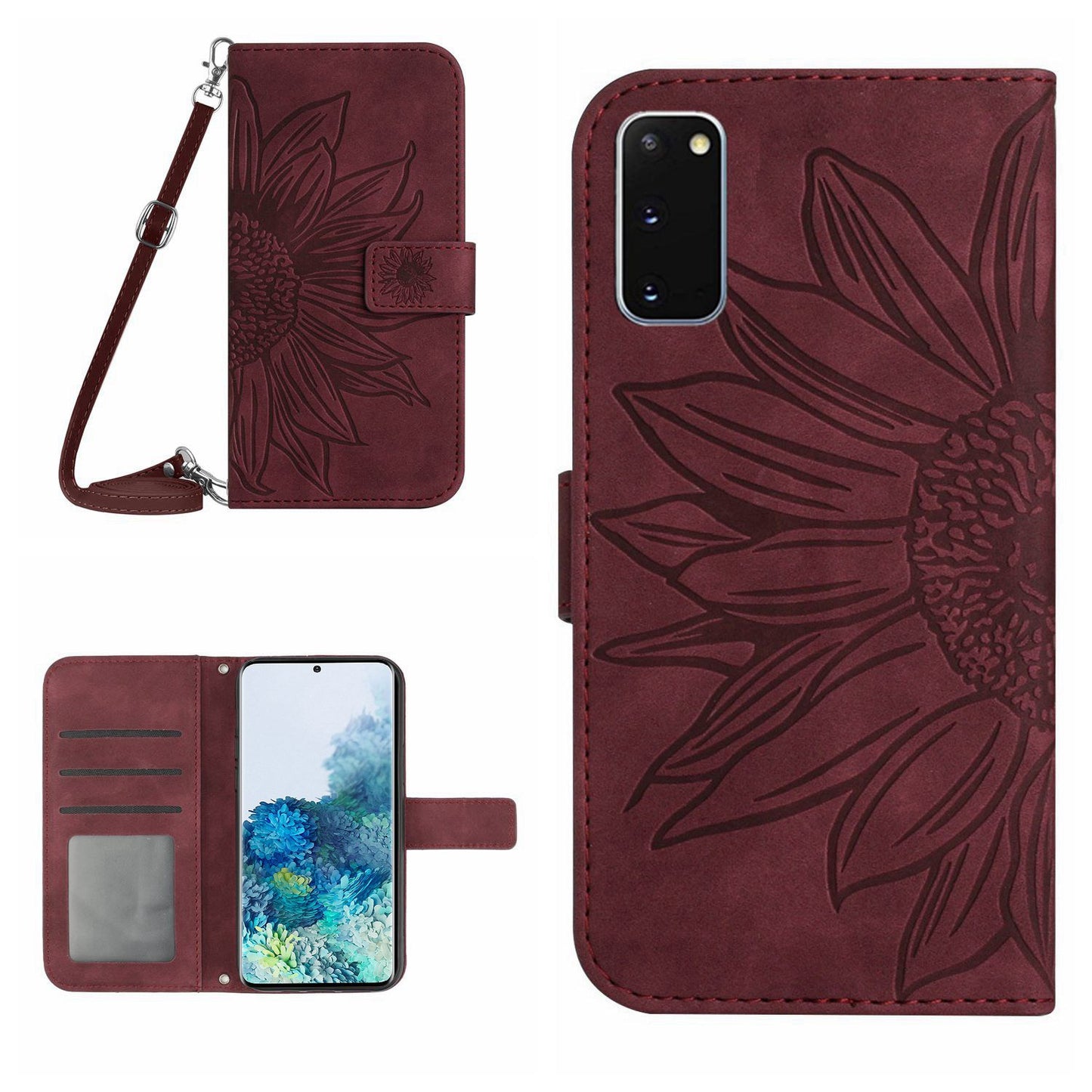 Protective Phone Case For Samsung Galaxy S20 5G / 4G, HT04 Skin-touch Imprinted Sunflower Phone Cover PU Leather Wallet Stand with Shoulder Strap - Wine Red