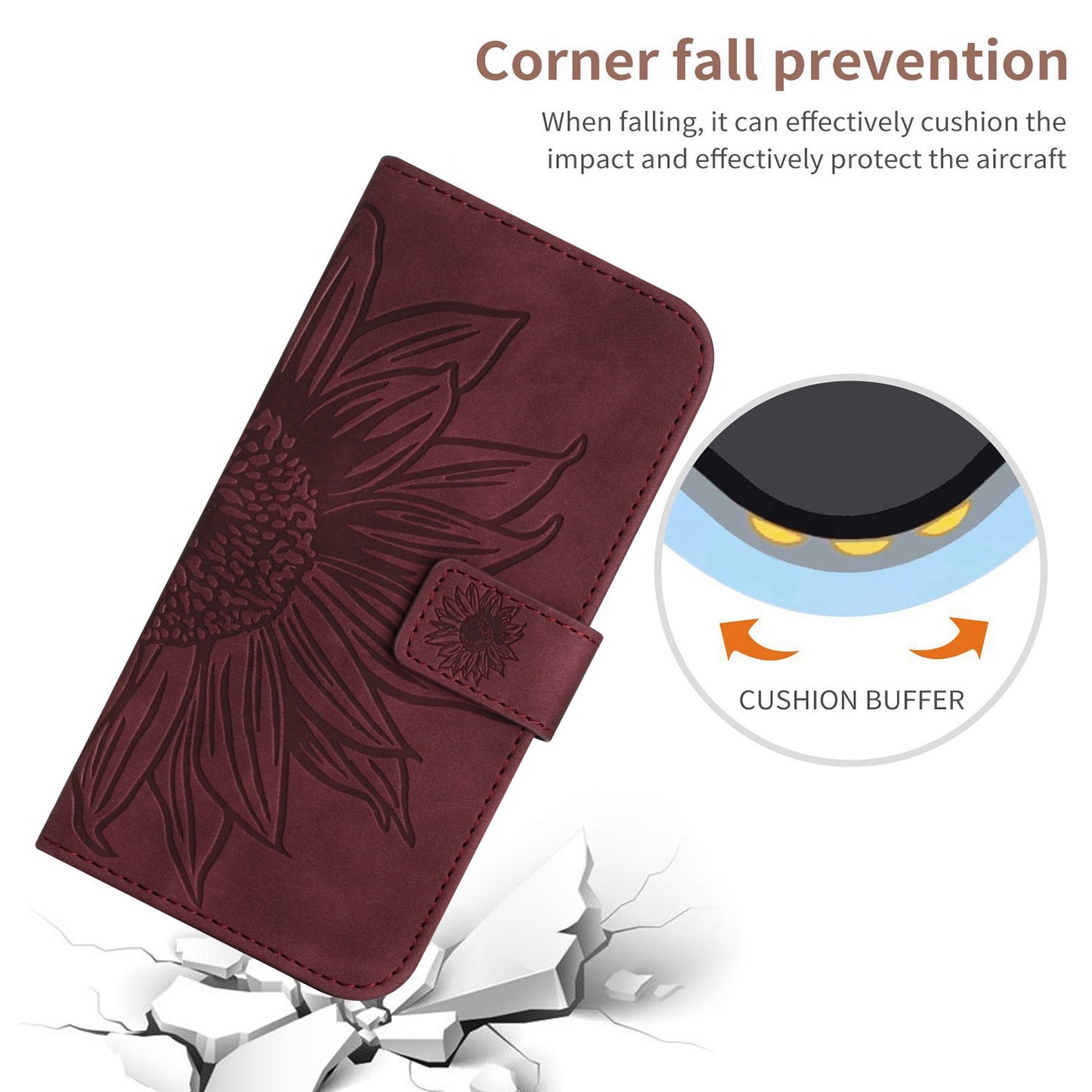 Protective Phone Case For Samsung Galaxy S20 5G / 4G, HT04 Skin-touch Imprinted Sunflower Phone Cover PU Leather Wallet Stand with Shoulder Strap - Wine Red