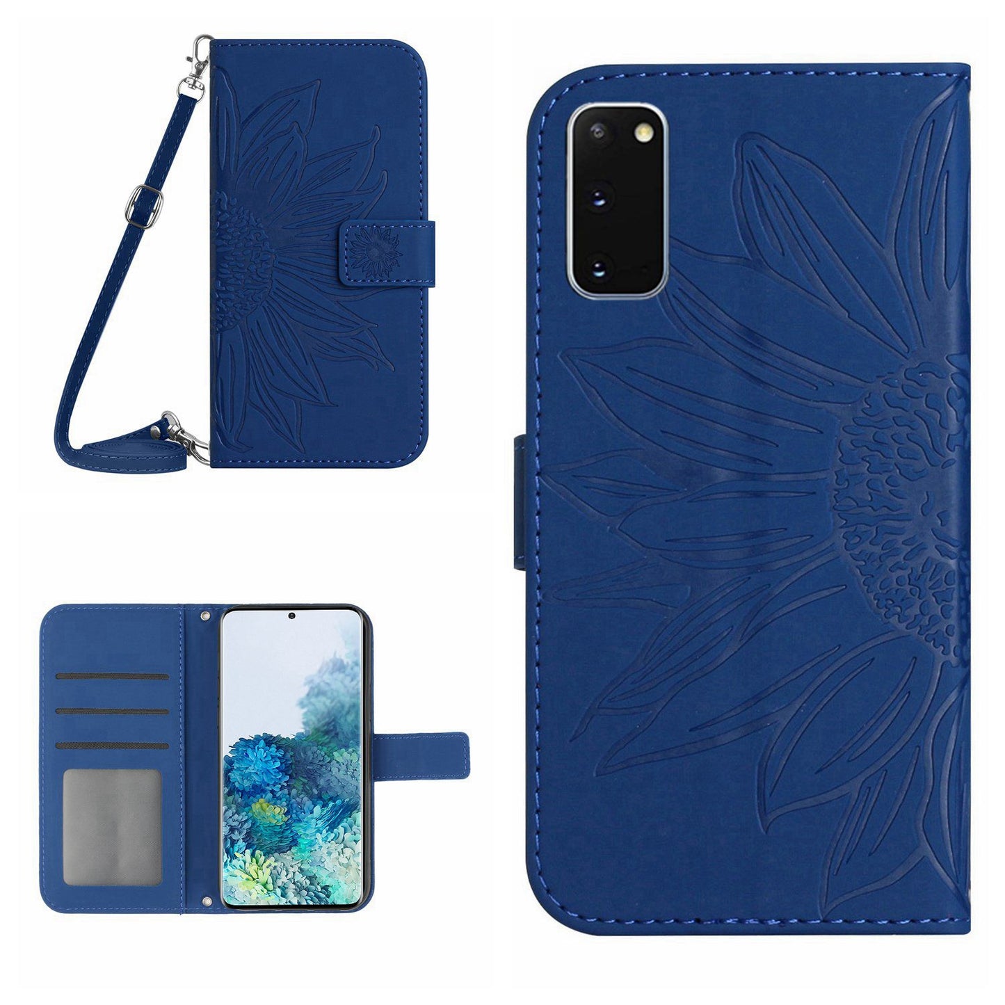 Protective Phone Case For Samsung Galaxy S20 5G / 4G, HT04 Skin-touch Imprinted Sunflower Phone Cover PU Leather Wallet Stand with Shoulder Strap - Sapphire