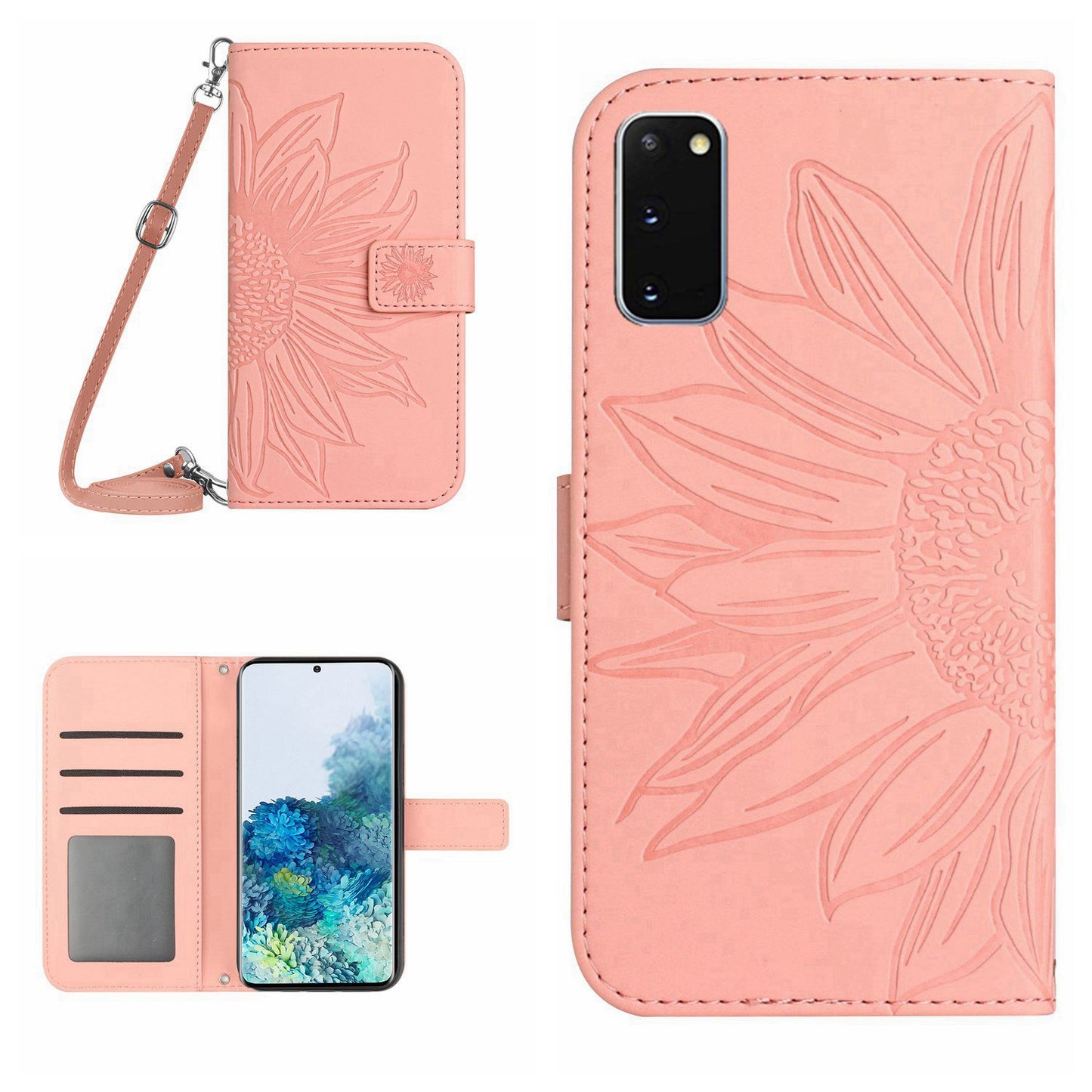 Protective Phone Case For Samsung Galaxy S20 5G / 4G, HT04 Skin-touch Imprinted Sunflower Phone Cover PU Leather Wallet Stand with Shoulder Strap - Light Pink