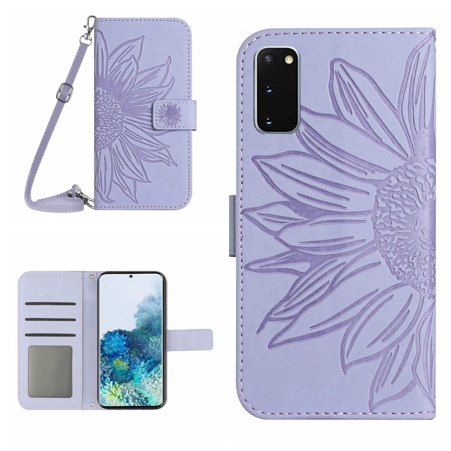 Protective Phone Case For Samsung Galaxy S20 5G / 4G, HT04 Skin-touch Imprinted Sunflower Phone Cover PU Leather Wallet Stand with Shoulder Strap - Light Purple