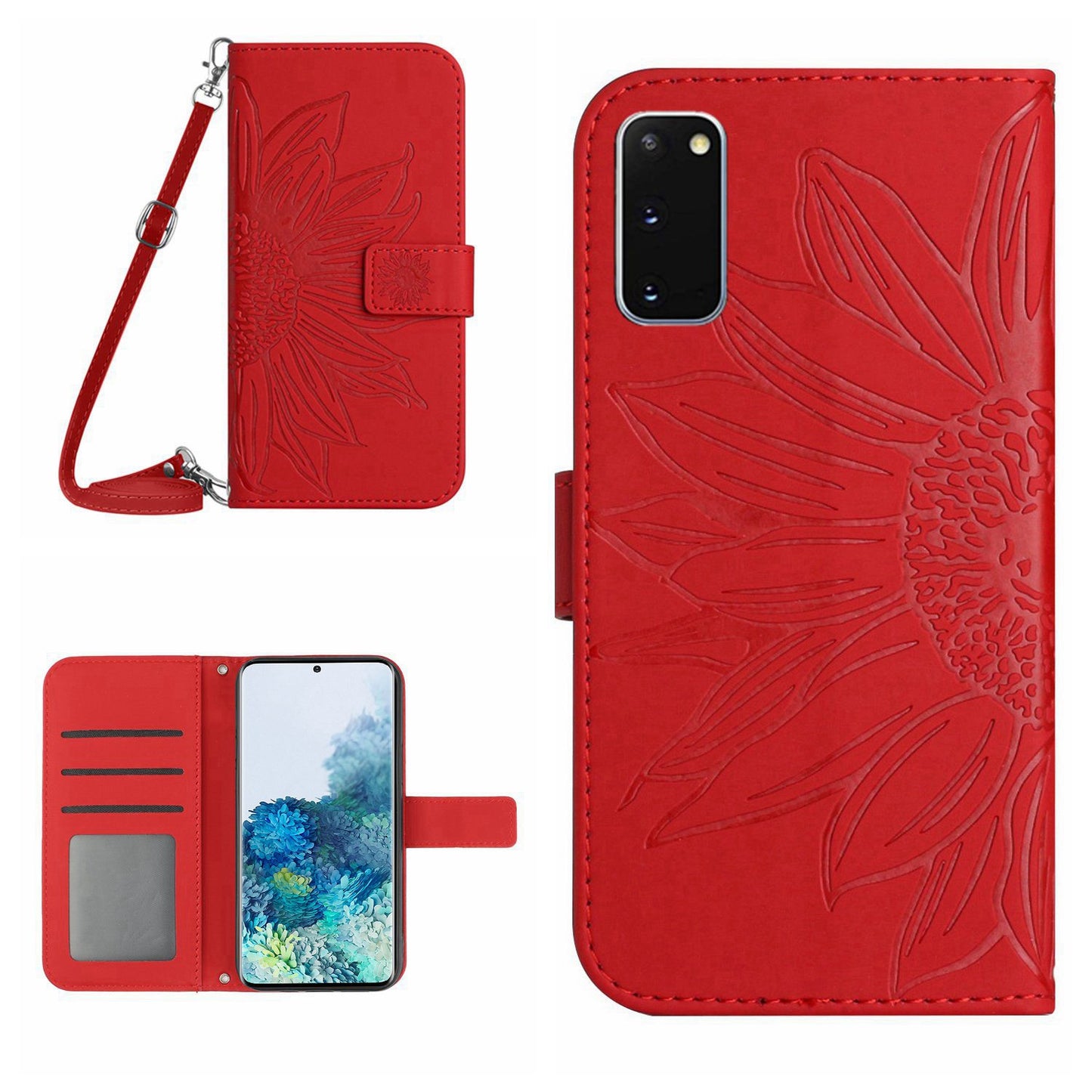 Protective Phone Case For Samsung Galaxy S20 5G / 4G, HT04 Skin-touch Imprinted Sunflower Phone Cover PU Leather Wallet Stand with Shoulder Strap - Red