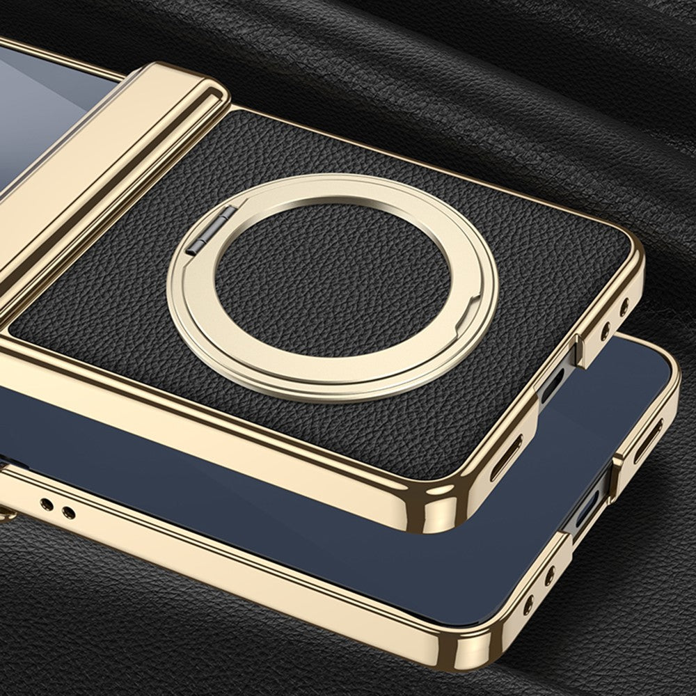 GKK For Samsung Galaxy Z Flip7 5G Case Kickstand Magnetic Hinge Protection PU PC Tempered Glass Phone Cover - Titanium Grey