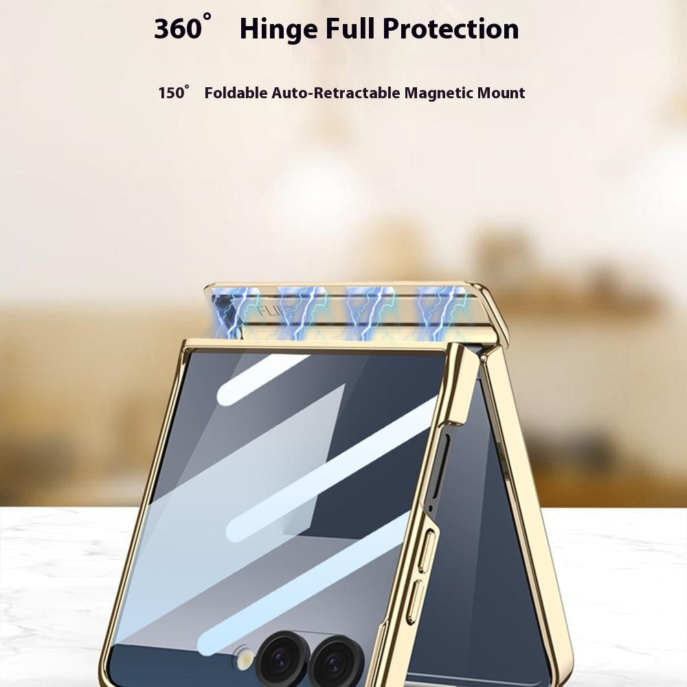 GKK For Samsung Galaxy Z Flip7 5G Magnetic Case Hinge Protection PU PC Tempered Glass Phone Cover - Yellow