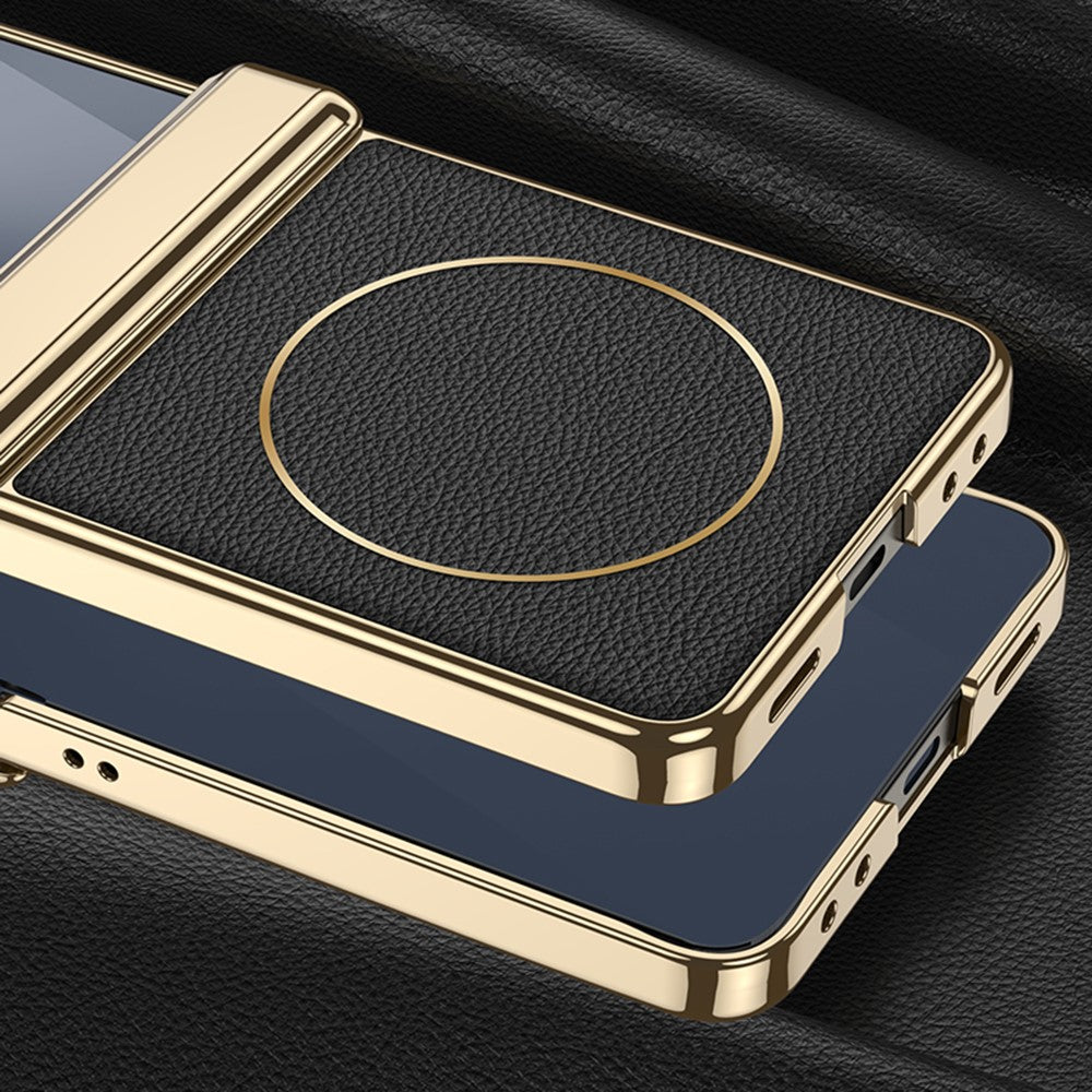 GKK For Samsung Galaxy Z Flip7 5G Magnetic Case Hinge Protection PU PC Tempered Glass Phone Cover - Purple