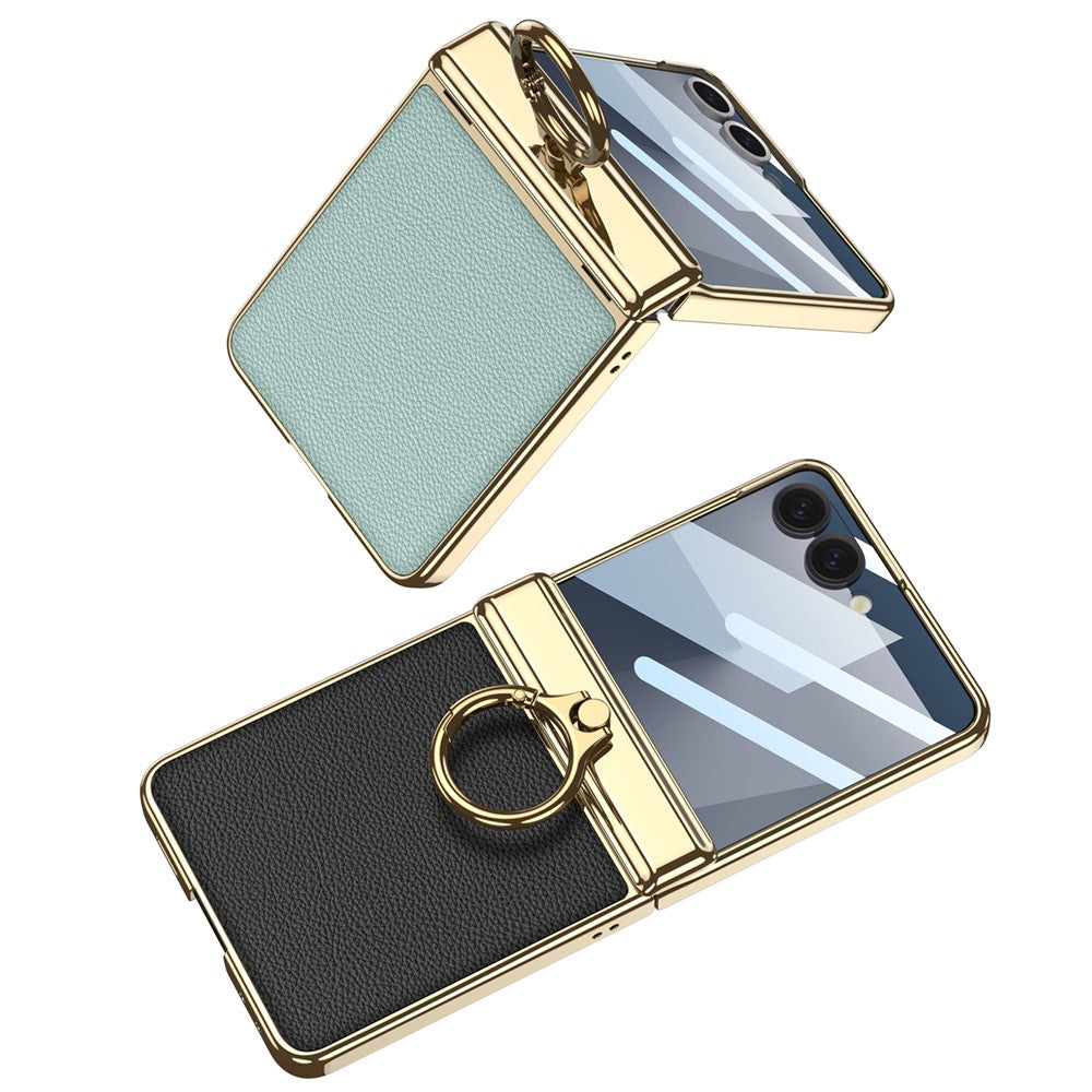 GKK For Samsung Galaxy Z Flip7 5G Kickstand Case Electroplating Magnetic Hinge Protection PU PC Tempered Glass Phone Cover - Blue
