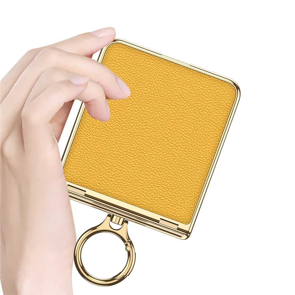 GKK For Samsung Galaxy Z Flip7 5G Kickstand Case Electroplating Magnetic Hinge Protection PU PC Tempered Glass Phone Cover - Yellow