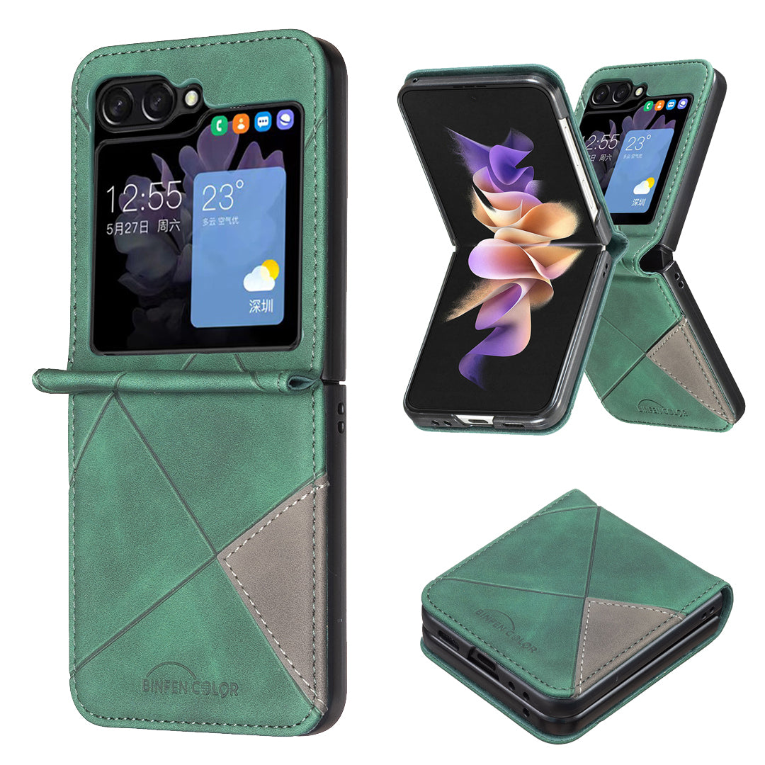 For Samsung Galaxy Z Flip7 5G Phone Case BINFEN COLOR Wallet Stand Geometry Imprinted Leather Cover - Green