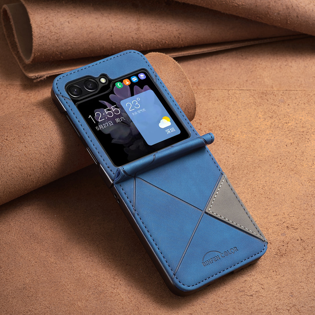 For Samsung Galaxy Z Flip7 5G Phone Case BINFEN COLOR Wallet Stand Geometry Imprinted Leather Cover - Blue