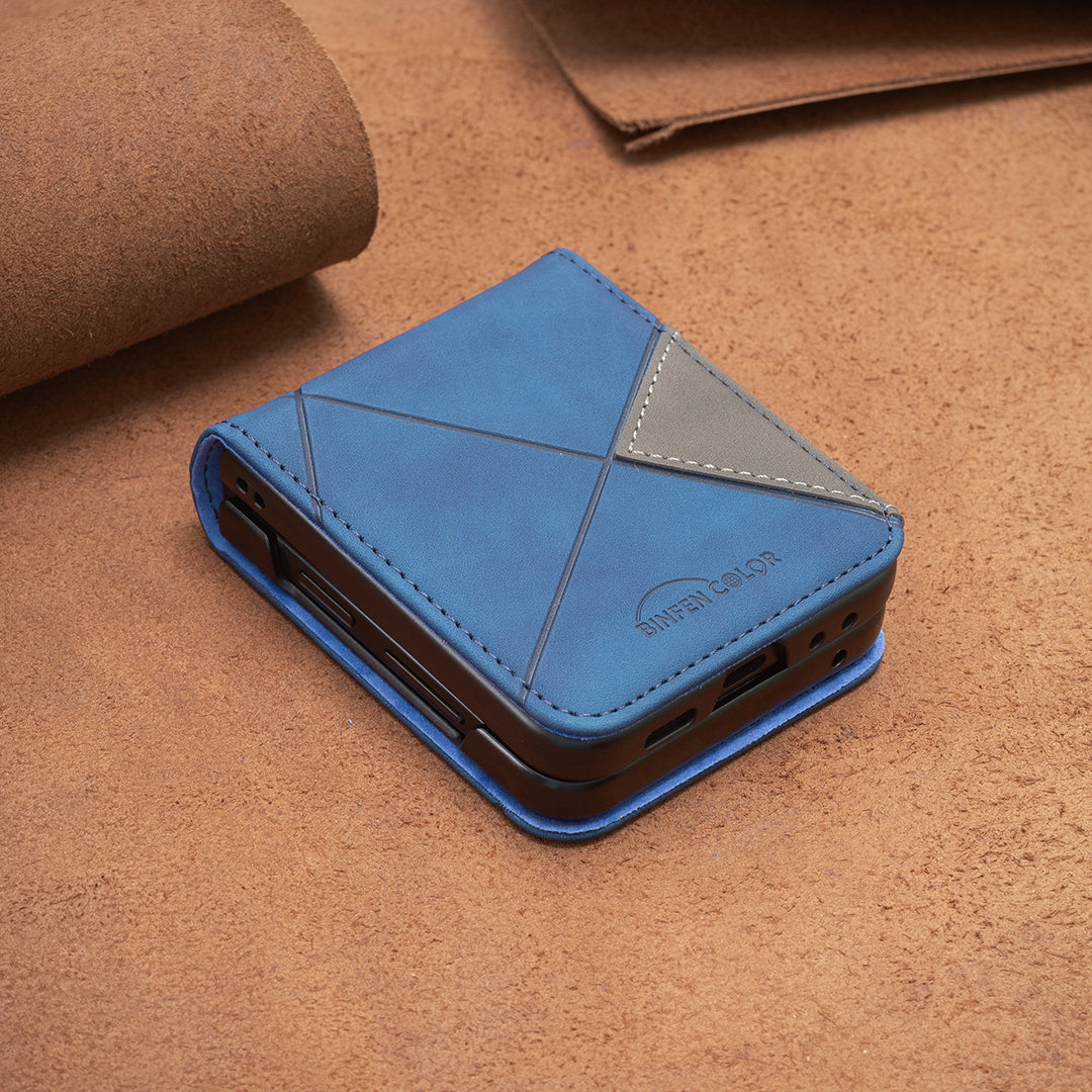 For Samsung Galaxy Z Flip7 5G Phone Case BINFEN COLOR Wallet Stand Geometry Imprinted Leather Cover - Blue