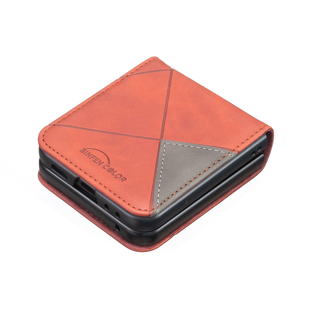 For Samsung Galaxy Z Flip7 5G Phone Case BINFEN COLOR Wallet Stand Geometry Imprinted Leather Cover - Brown