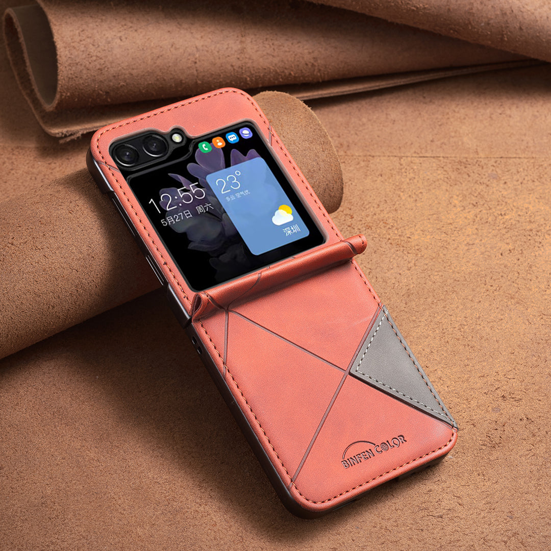 For Samsung Galaxy Z Flip7 5G Phone Case BINFEN COLOR Wallet Stand Geometry Imprinted Leather Cover - Brown