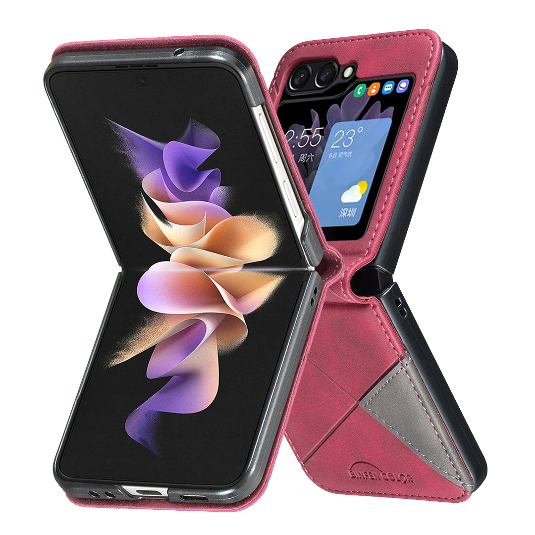For Samsung Galaxy Z Flip7 5G Phone Case BINFEN COLOR Wallet Stand Geometry Imprinted Leather Cover - Red