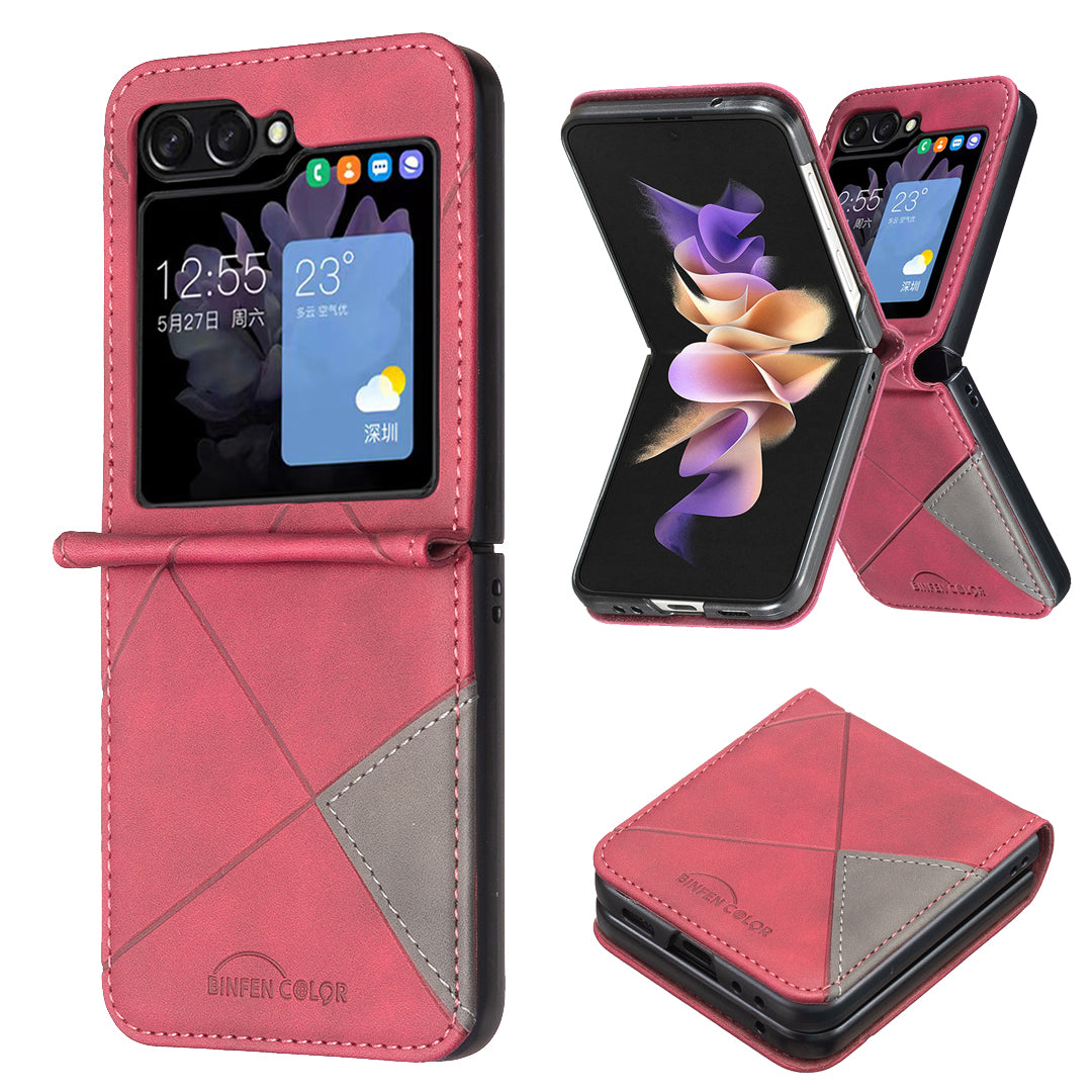 For Samsung Galaxy Z Flip7 5G Phone Case BINFEN COLOR Wallet Stand Geometry Imprinted Leather Cover - Red
