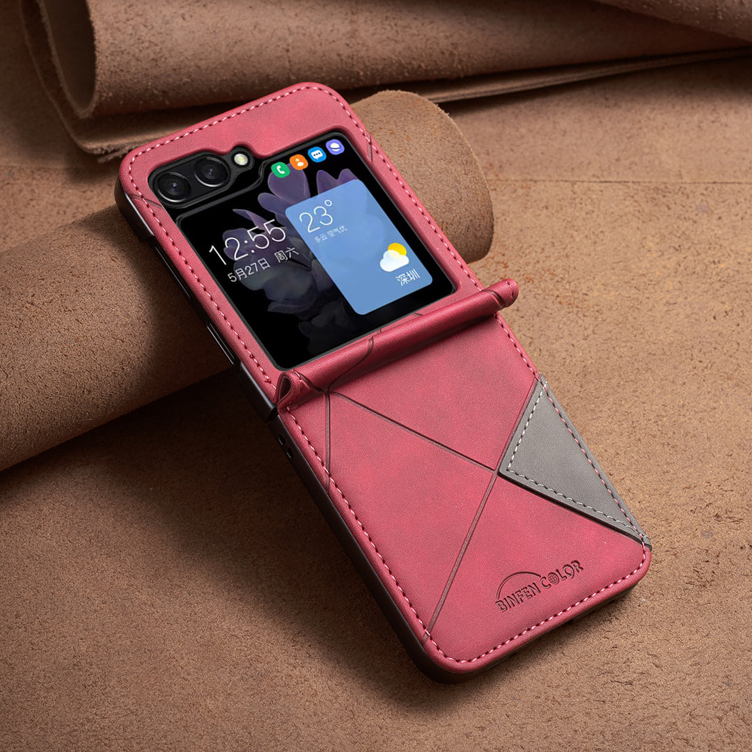 For Samsung Galaxy Z Flip7 5G Phone Case BINFEN COLOR Wallet Stand Geometry Imprinted Leather Cover - Red