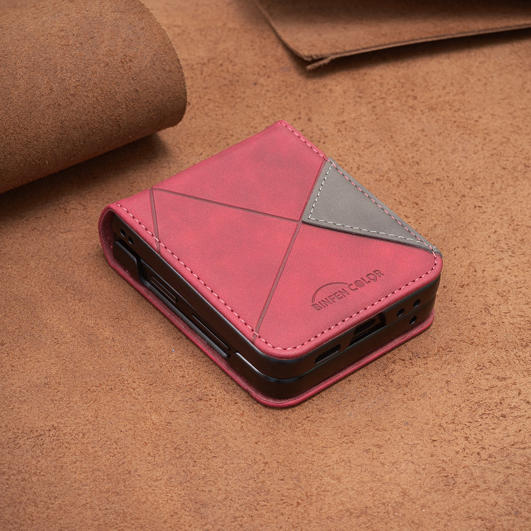 For Samsung Galaxy Z Flip7 5G Phone Case BINFEN COLOR Wallet Stand Geometry Imprinted Leather Cover - Red