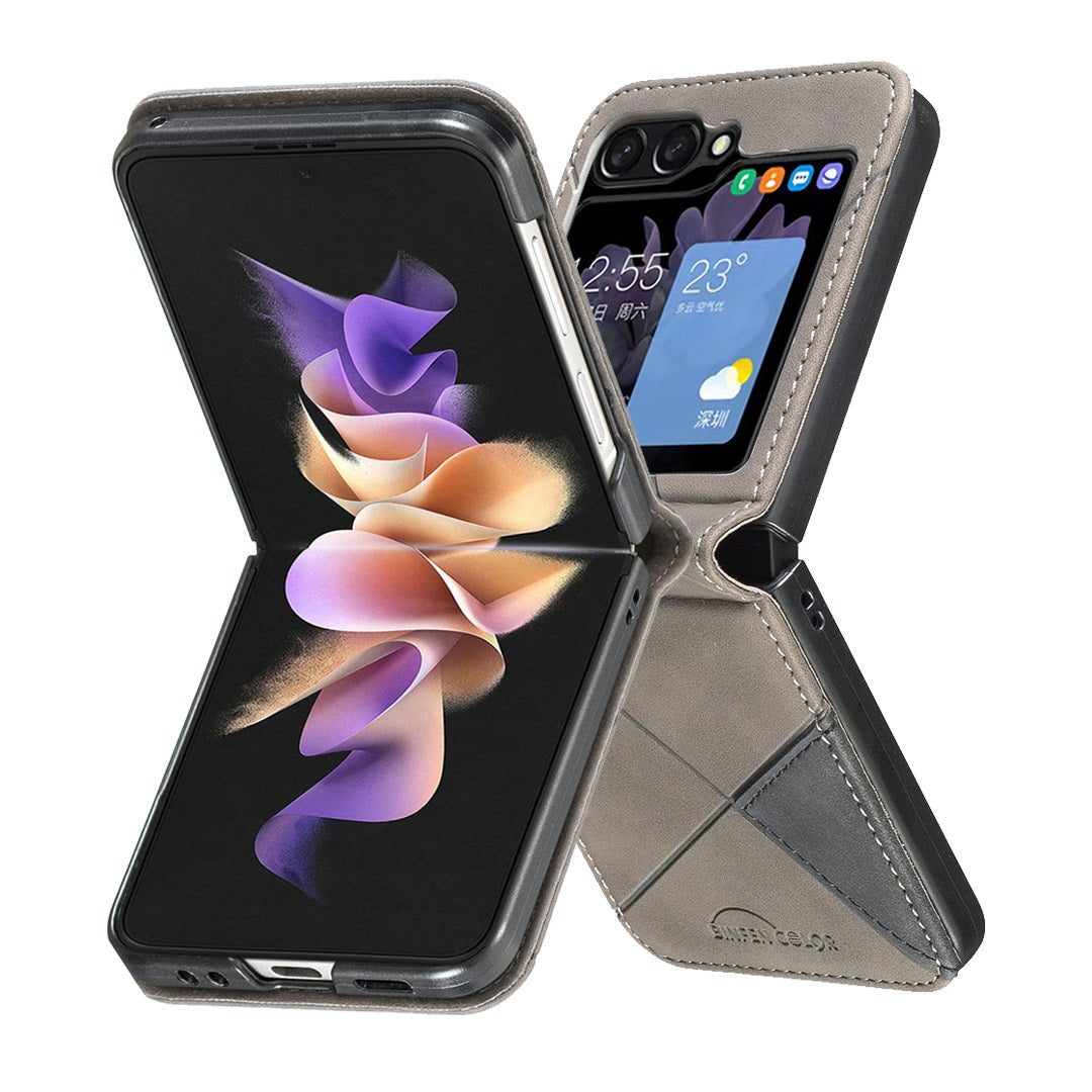 For Samsung Galaxy Z Flip7 5G Phone Case BINFEN COLOR Wallet Stand Geometry Imprinted Leather Cover - Grey