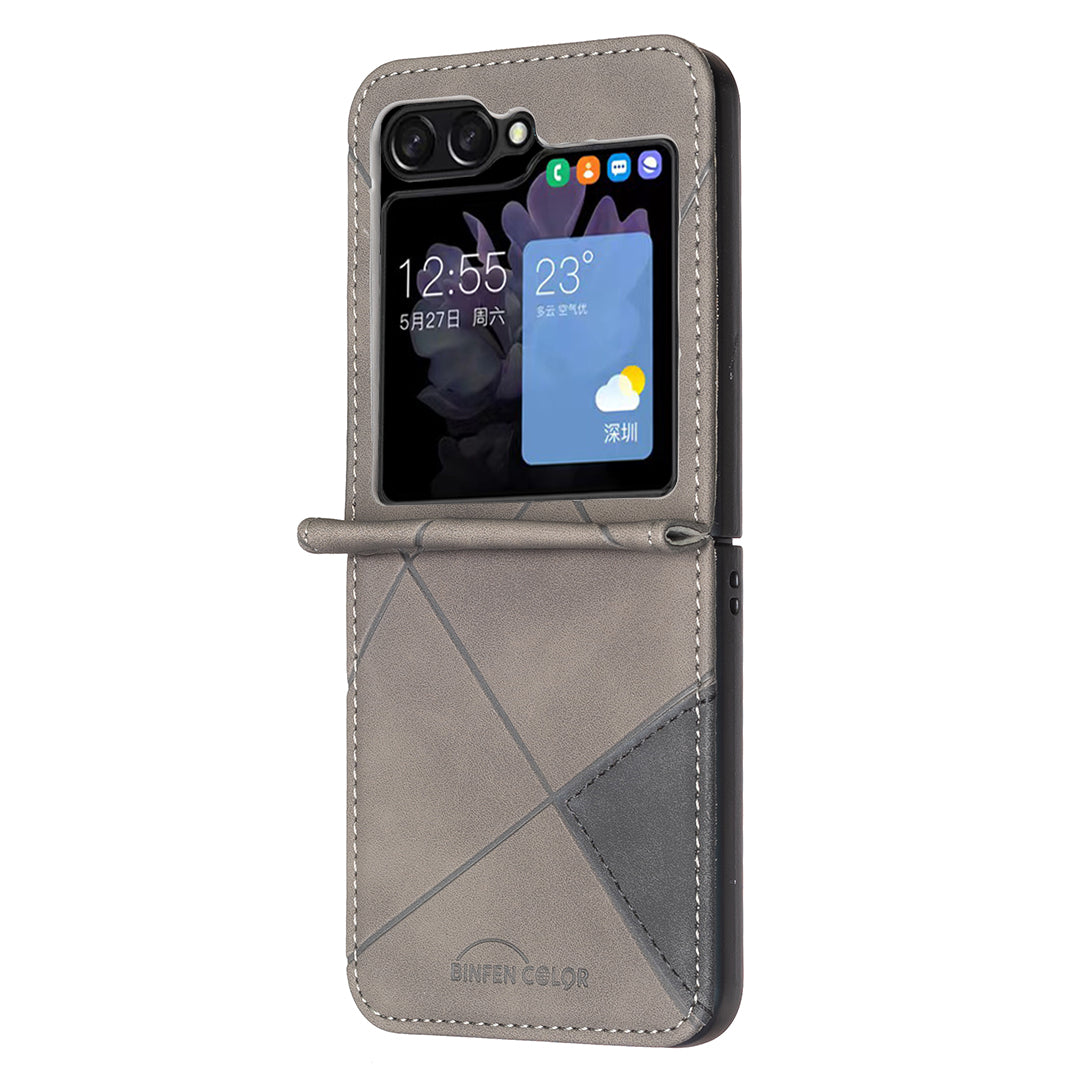 For Samsung Galaxy Z Flip7 5G Phone Case BINFEN COLOR Wallet Stand Geometry Imprinted Leather Cover - Grey