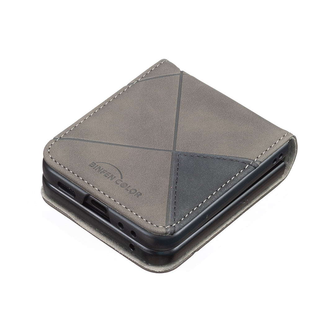 For Samsung Galaxy Z Flip7 5G Phone Case BINFEN COLOR Wallet Stand Geometry Imprinted Leather Cover - Grey