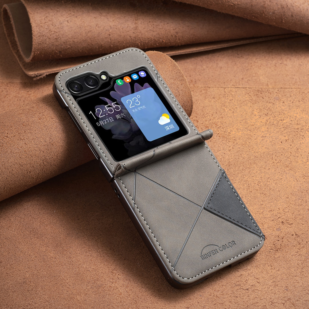For Samsung Galaxy Z Flip7 5G Phone Case BINFEN COLOR Wallet Stand Geometry Imprinted Leather Cover - Grey