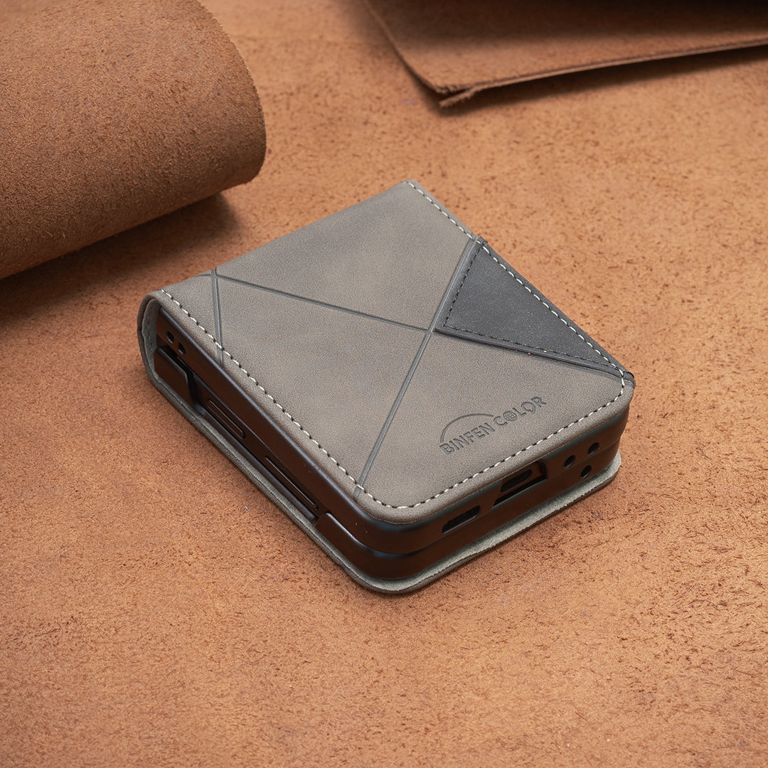 For Samsung Galaxy Z Flip7 5G Phone Case BINFEN COLOR Wallet Stand Geometry Imprinted Leather Cover - Grey