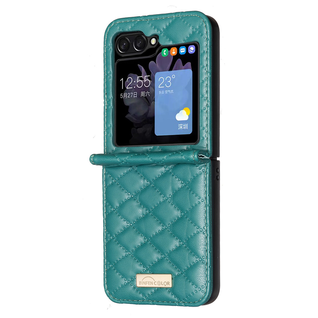 For Samsung Galaxy Z Flip7 5G Case BINFEN COLOR Rhombus PU Leather Folding Phone Cover - Green