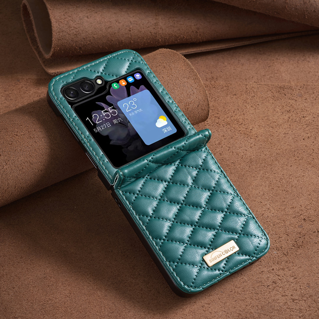 For Samsung Galaxy Z Flip7 5G Case BINFEN COLOR Rhombus PU Leather Folding Phone Cover - Green