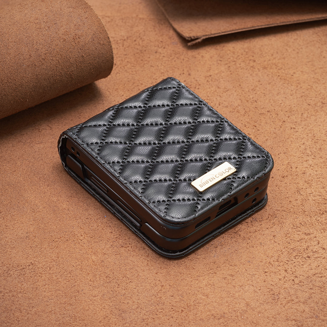For Samsung Galaxy Z Flip7 5G Case BINFEN COLOR Rhombus PU Leather Folding Phone Cover - Black