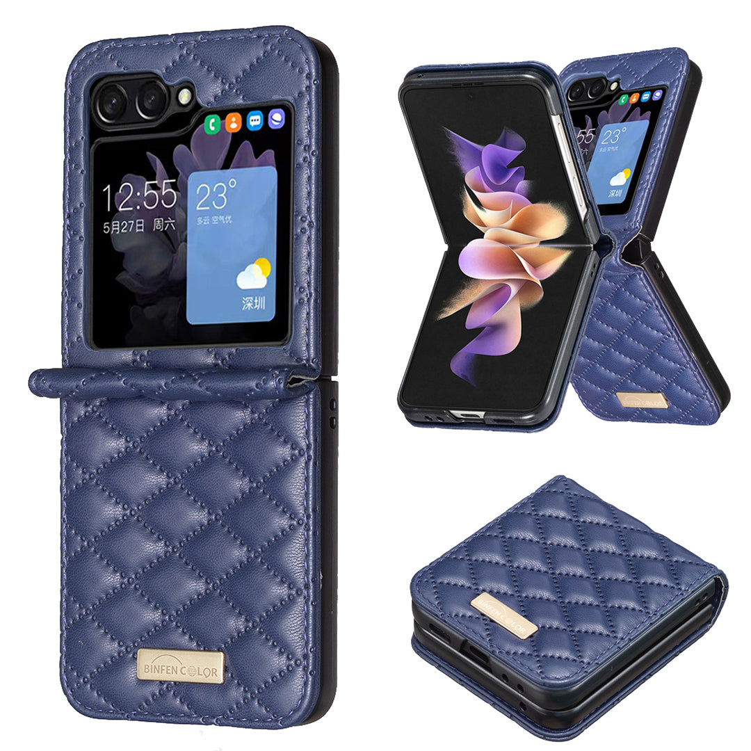 For Samsung Galaxy Z Flip7 5G Case BINFEN COLOR Rhombus PU Leather Folding Phone Cover - Blue
