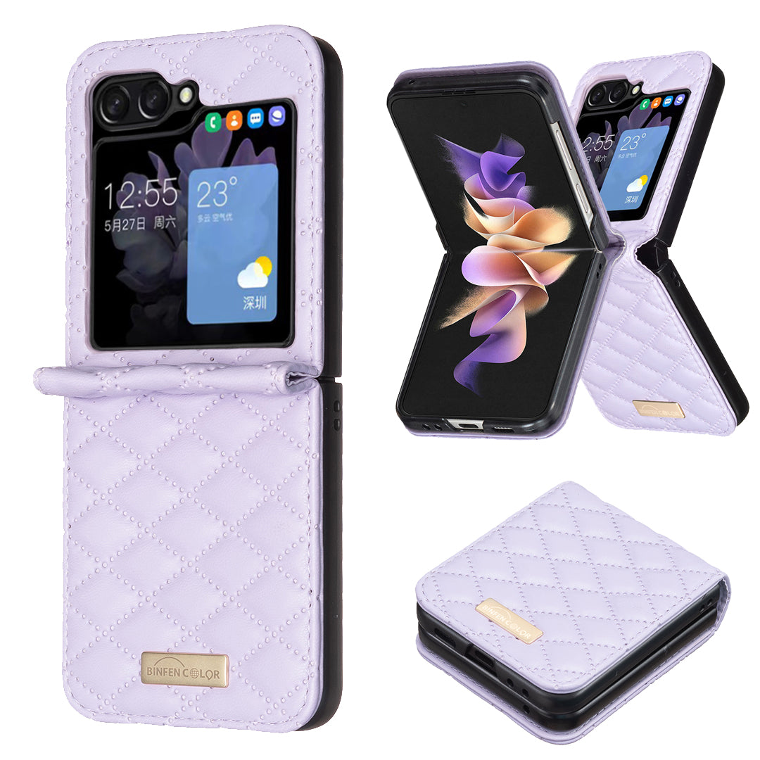 For Samsung Galaxy Z Flip7 5G Case BINFEN COLOR Rhombus PU Leather Folding Phone Cover - Purple