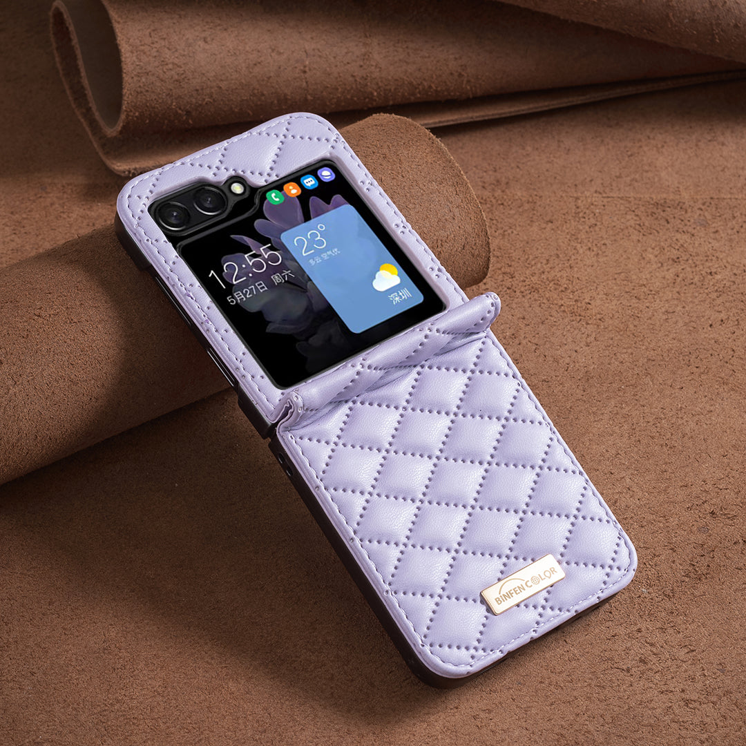 For Samsung Galaxy Z Flip7 5G Case BINFEN COLOR Rhombus PU Leather Folding Phone Cover - Purple