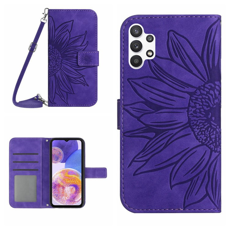For Samsung Galaxy A32 5G / M32 5G HT04 Skin-touch Imprinted Sunflower Phone Cover PU Leather Shockproof Stand Wallet Case with Shoulder Strap - Dark Purple