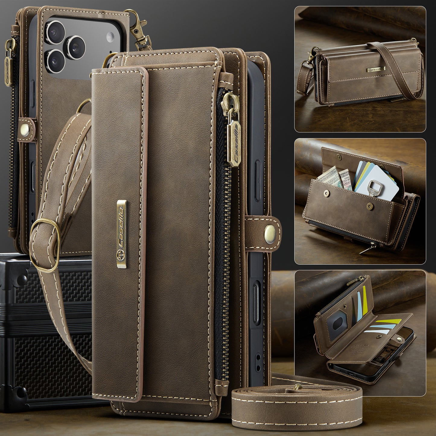 For iPhone 17 Pro Max Case CASEME C39 RFID Blocking Zipper Wallet Stand Leather Cover with Strap - Brown