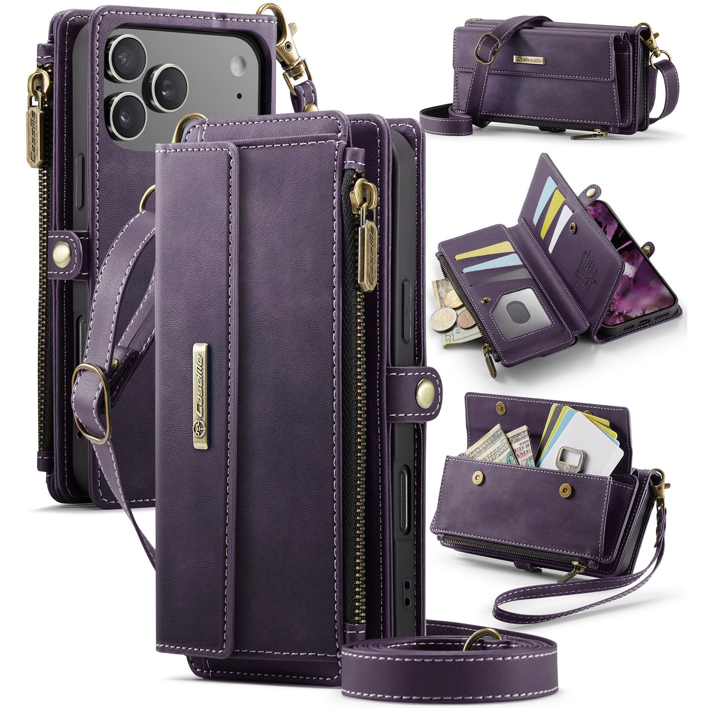 For iPhone 17 Pro Max Case CASEME C39 RFID Blocking Zipper Wallet Stand Leather Cover with Strap - Purple