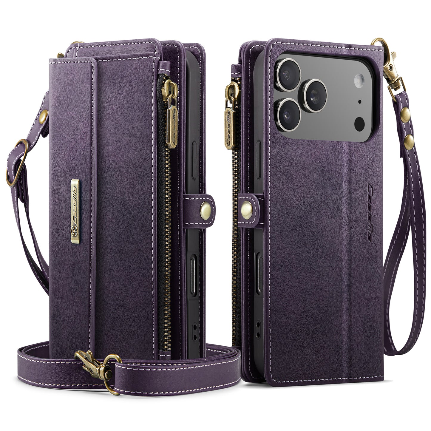 For iPhone 17 Pro Max Case CASEME C39 RFID Blocking Zipper Wallet Stand Leather Cover with Strap - Purple