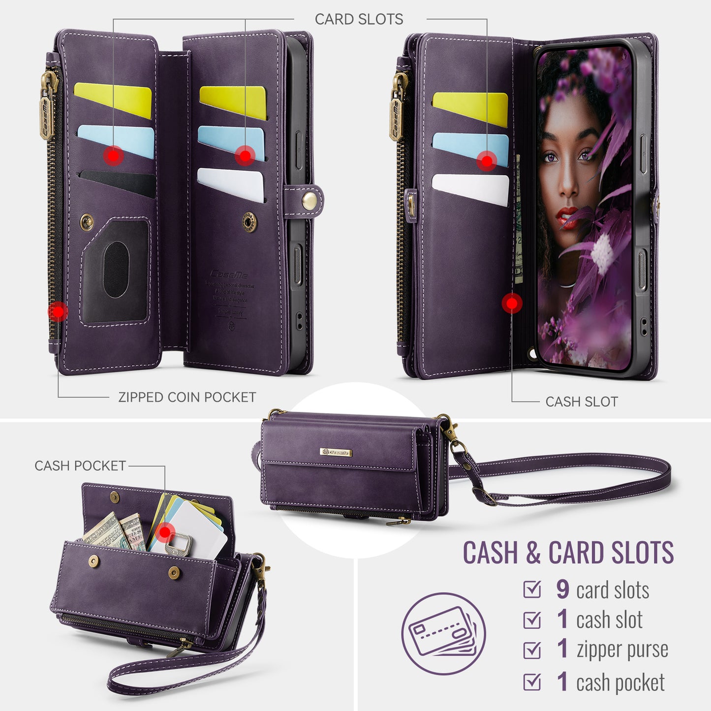 For iPhone 17 Pro Max Case CASEME C39 RFID Blocking Zipper Wallet Stand Leather Cover with Strap - Purple