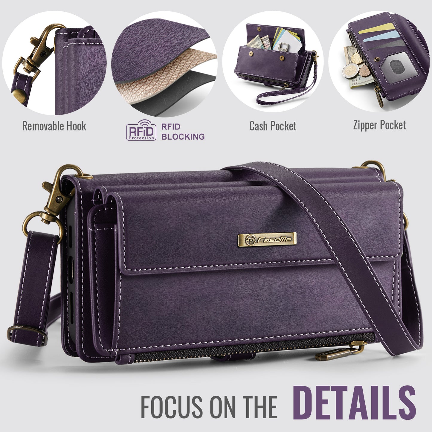 For iPhone 17 Pro Max Case CASEME C39 RFID Blocking Zipper Wallet Stand Leather Cover with Strap - Purple