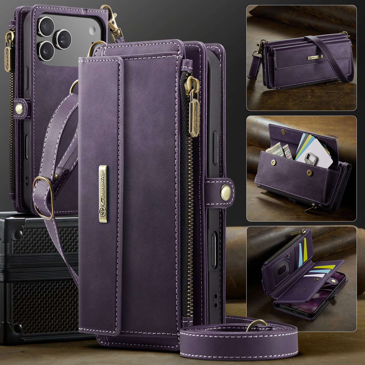 For iPhone 17 Pro Max Case CASEME C39 RFID Blocking Zipper Wallet Stand Leather Cover with Strap - Purple