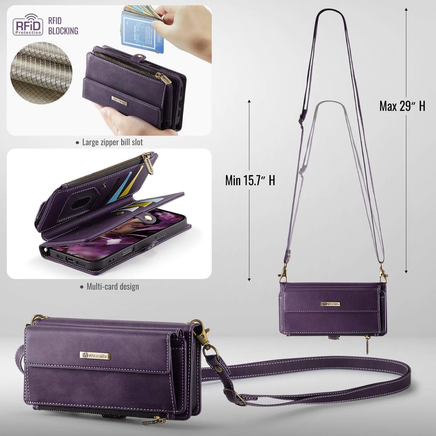 For iPhone 17 Pro Max Case CASEME C39 RFID Blocking Zipper Wallet Stand Leather Cover with Strap - Purple